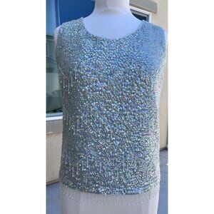 Vintage size 38 M? hand beaded wool tank top blouse cocktail party blue lined